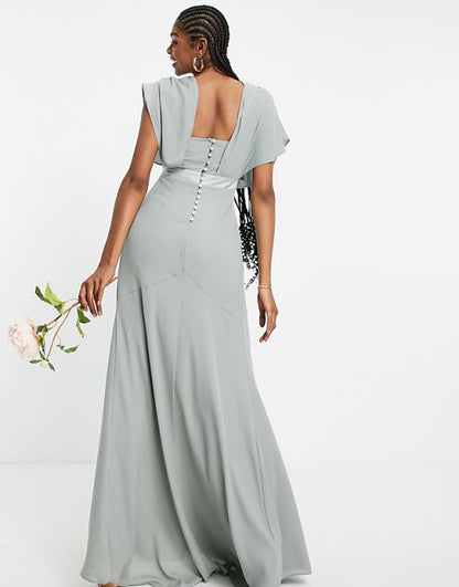 Tall Bridesmaid Short Sleeved Cowl Front Maxi Dress with Button Back detail in olive