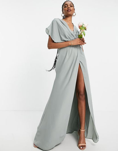 Tall Bridesmaid Short Sleeved Cowl Front Maxi Dress with Button Back detail in olive