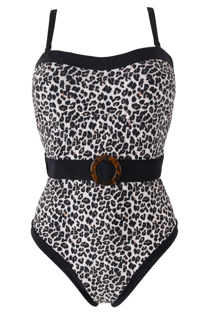 Strapless Belted High Leg Tummy Control Swimsuit - Leopard