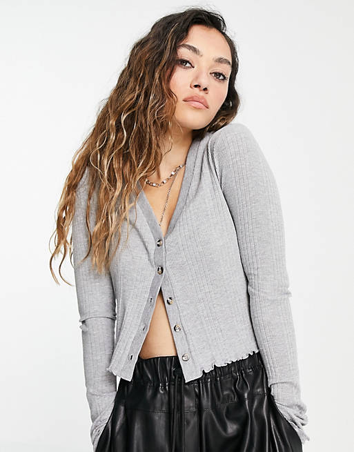 Button Down Rib Cardigan Grey