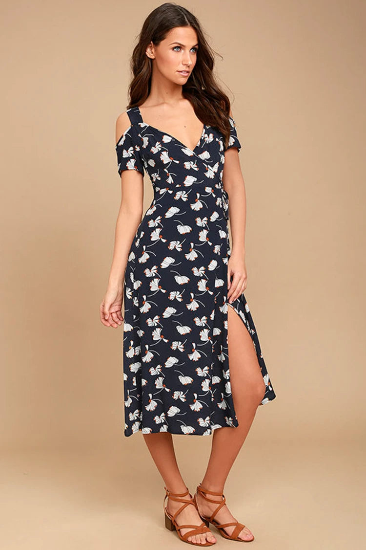 Navy Floral Print Wrap Dress