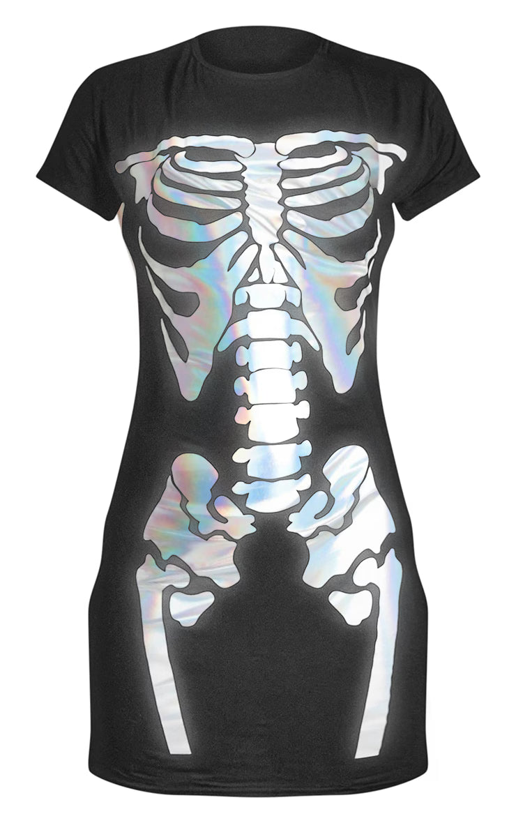 Black Skeleton Holographic Print T-shirt Dress