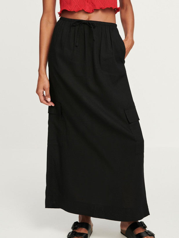 Black Column Midi Skirt With Linen