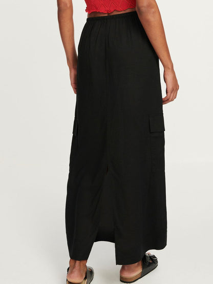Black Column Midi Skirt With Linen