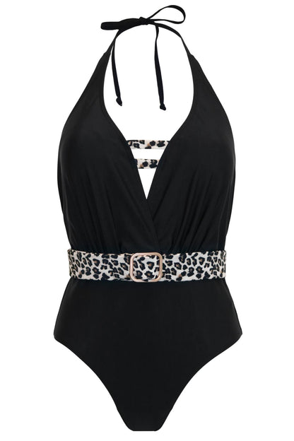 Wild Halter Belted Plunge Control Swimsuit - Black/Leopard
