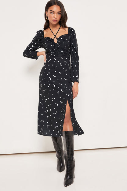 Black Spot Halterneck Split Front Dress