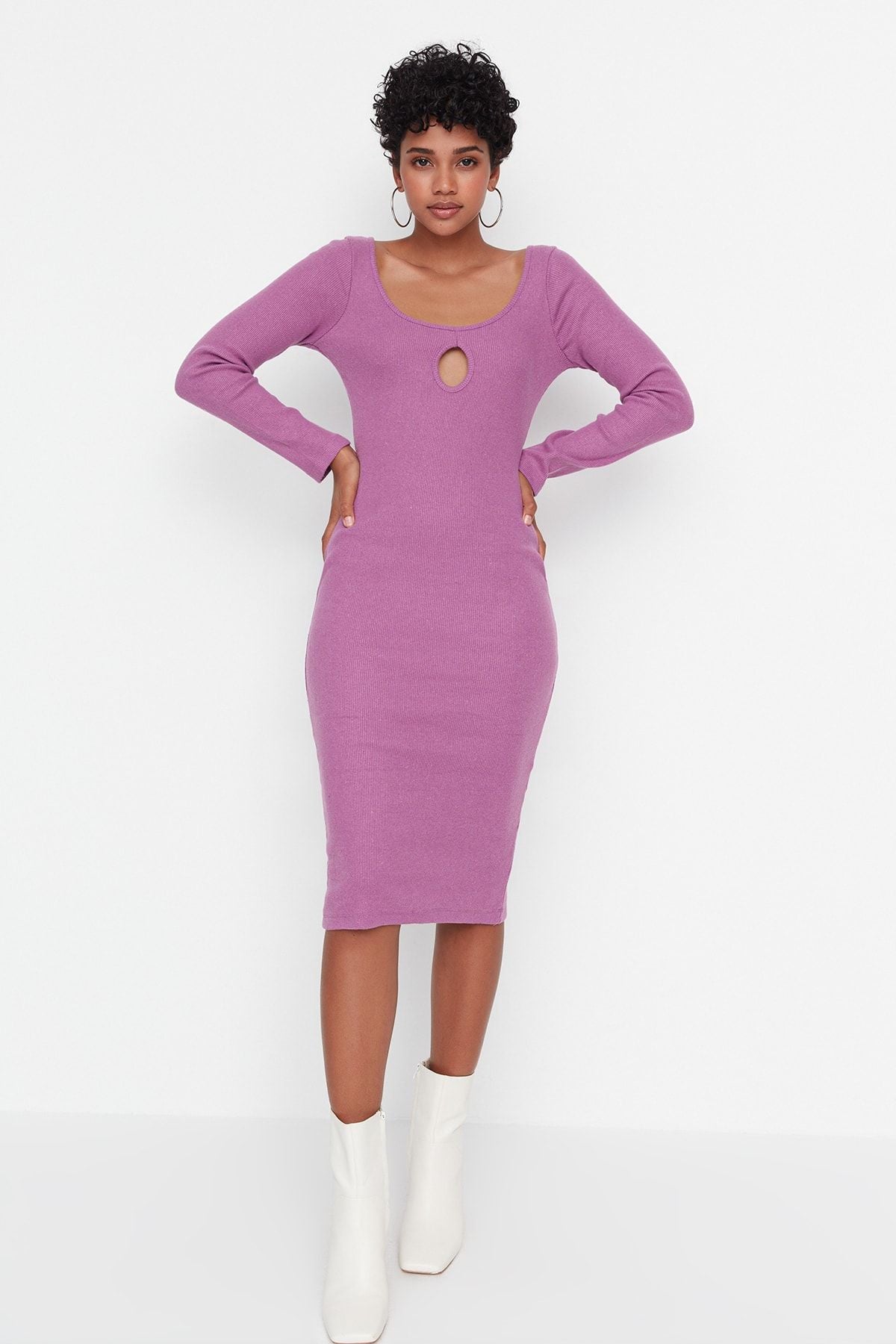 Purple Knit Midi Cut out Dress