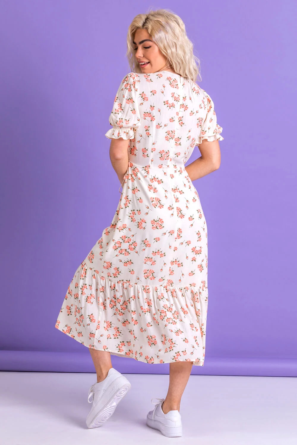 Coral Ditsy Floral Frill Detail Midi Dress