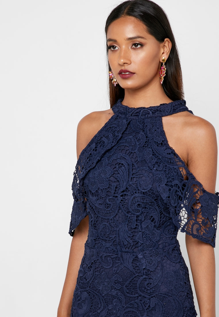 Navy Guipure Neck Low High Dress