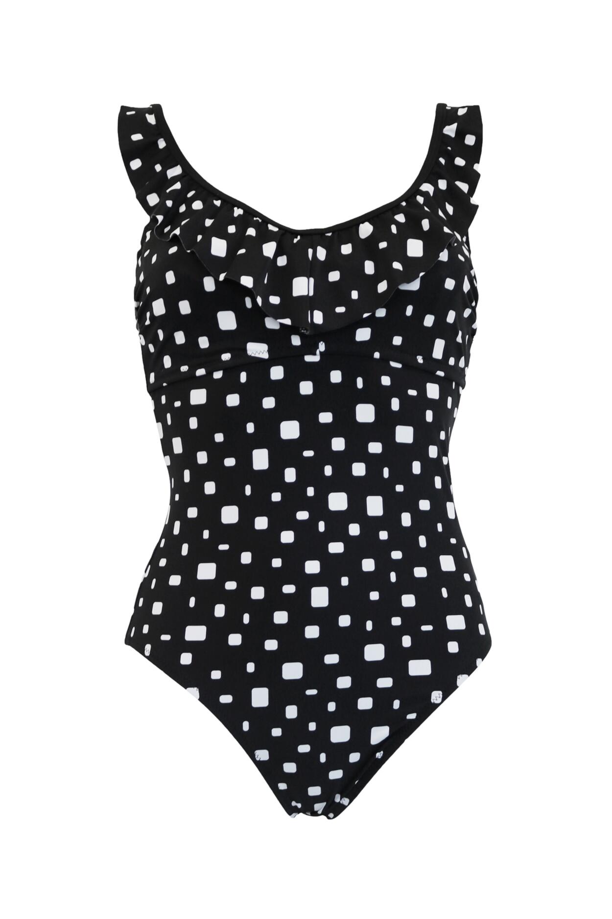 Cascade Hidden Underwired Frill Tummy Control Swimsuit - Black/White
