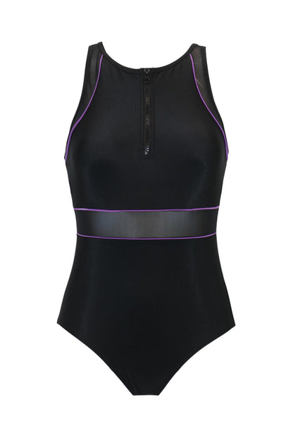 Energy Chlorine Resistant High Neck Zip Front Swimsuit - Black/Purple