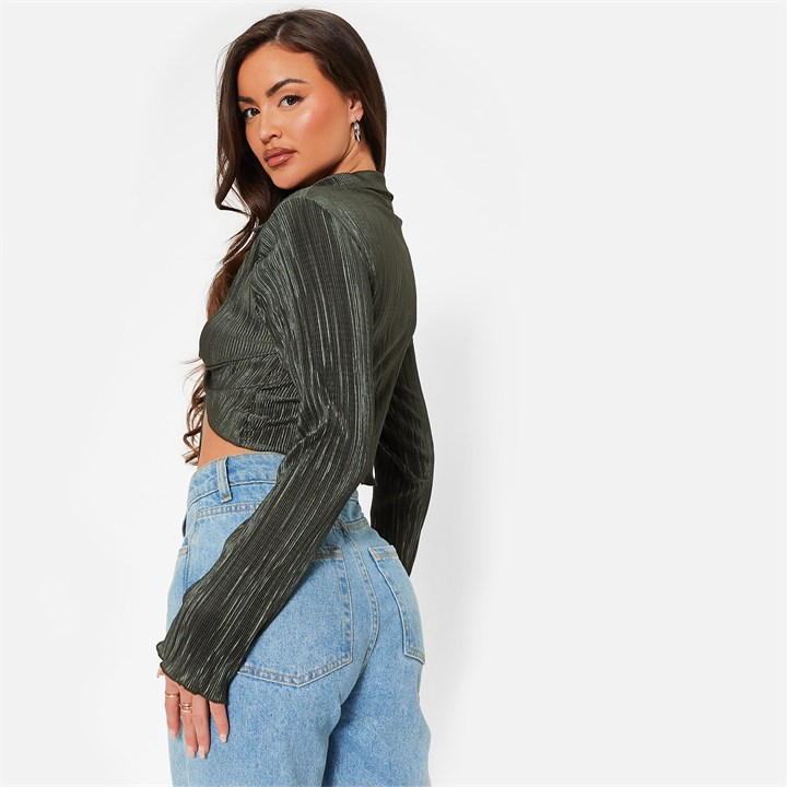 Tie Front Plisse Crop Shirt Khaki