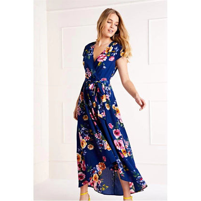 Blue Floral Dipped Hem Midi Dress