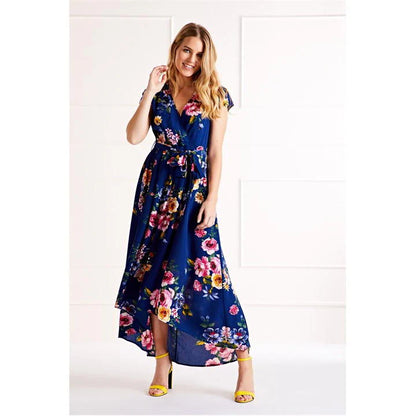 Blue Floral Dipped Hem Midi Dress