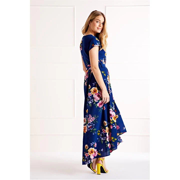 Blue Floral Dipped Hem Midi Dress