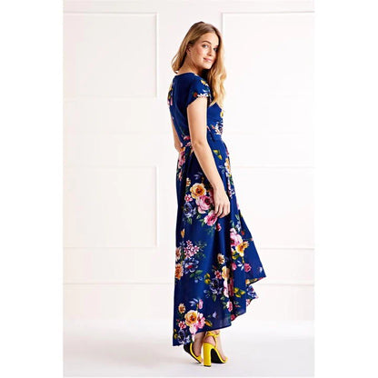 Blue Floral Dipped Hem Midi Dress