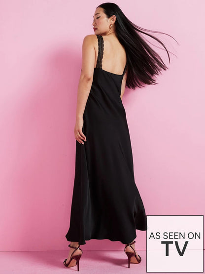 Black Lace Trim Satin Cami Slip Dress