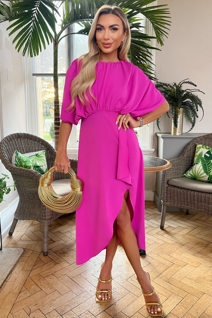 Hot Pink Batwing Top Wrap Skirt Midi Dress