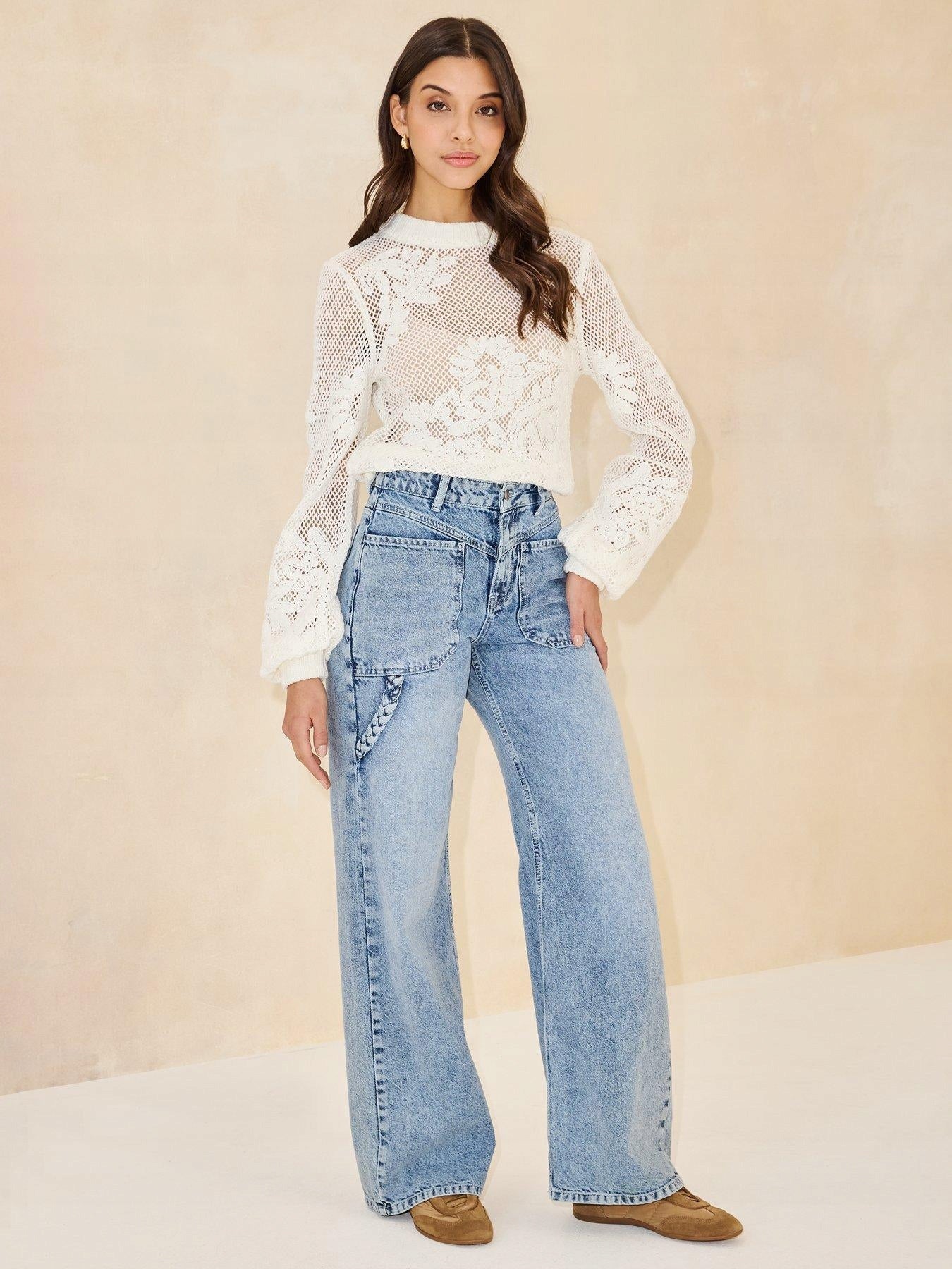 Michelle Keegan Rope Wide Leg Jeans - Mid Wash