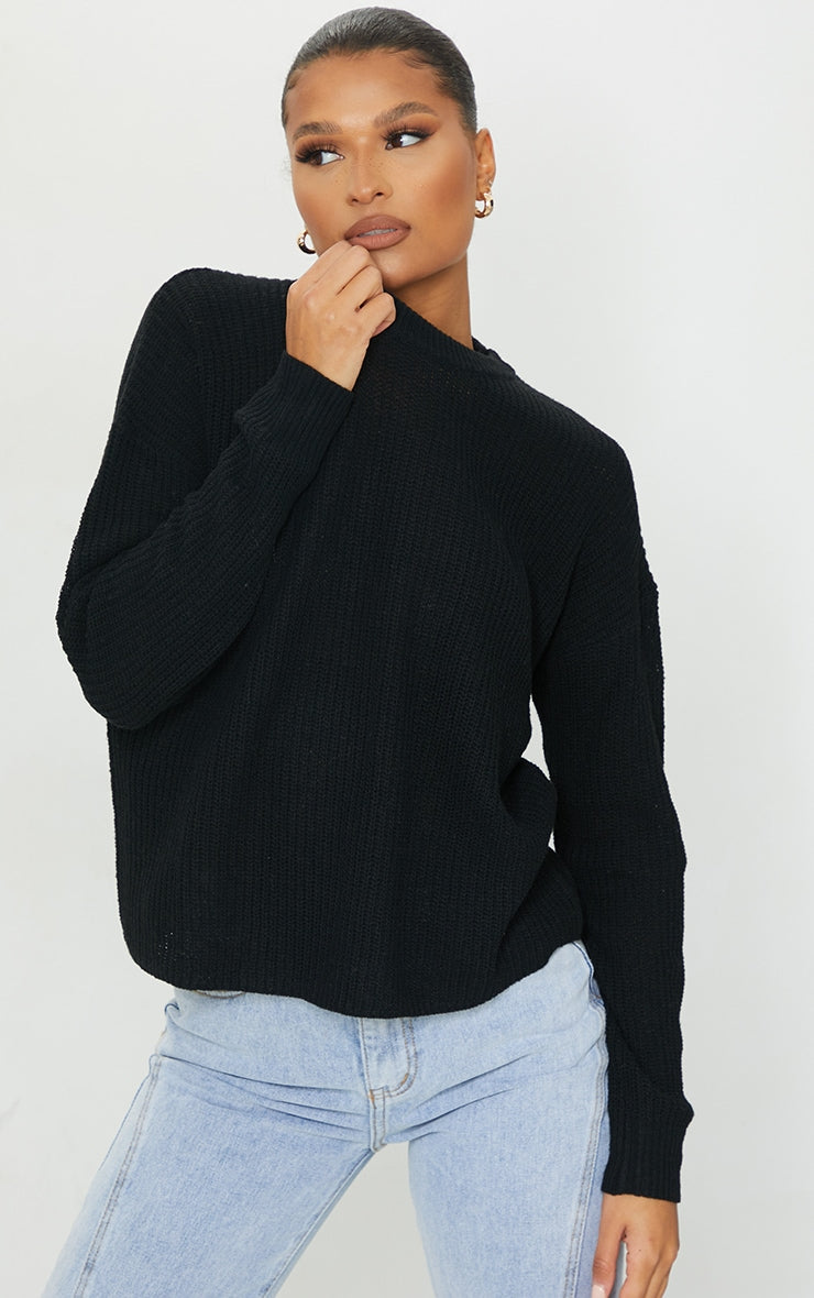 Black Basic Crew Neck Knitted Sweater