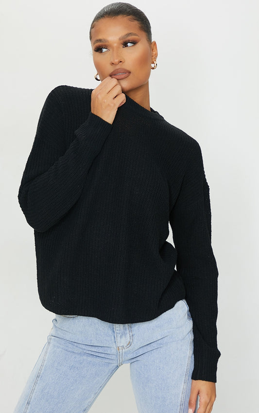 Black Basic Crew Neck Knitted Sweater