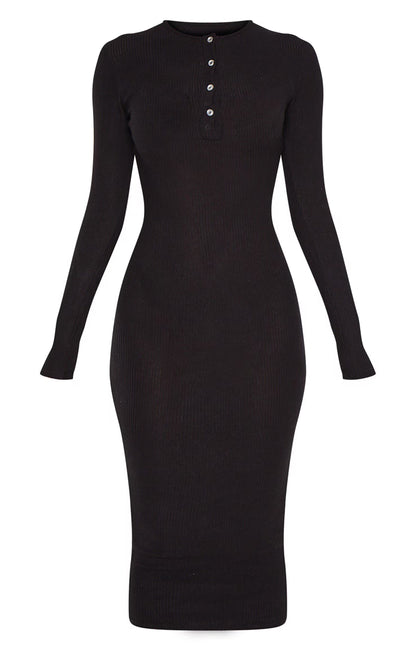 Black Brushed Rib Button Front Midaxi Dress