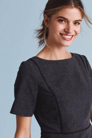 Navy Marl Tailored Short Sleeve Skater Dress