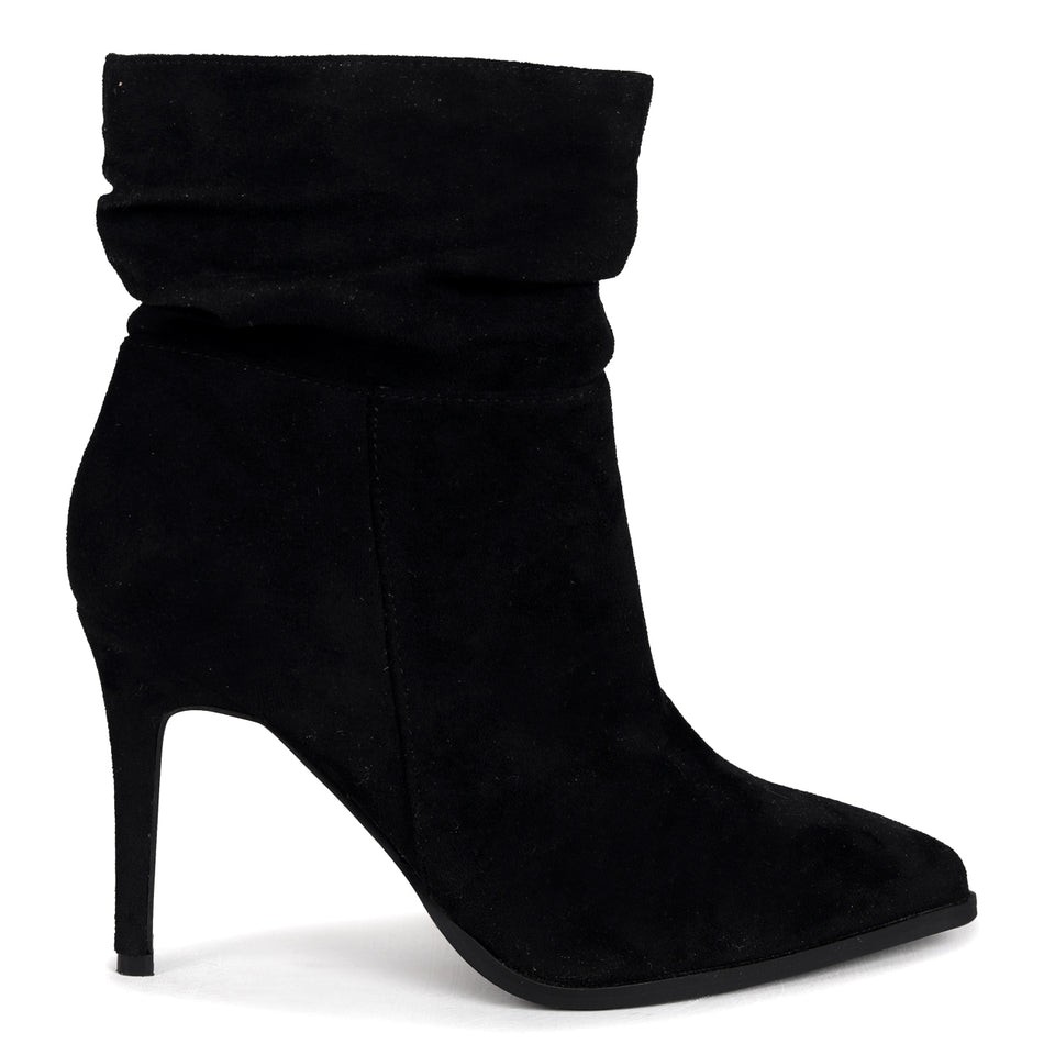 Black Suede Ruched Pointed Stiletto Boot Heel