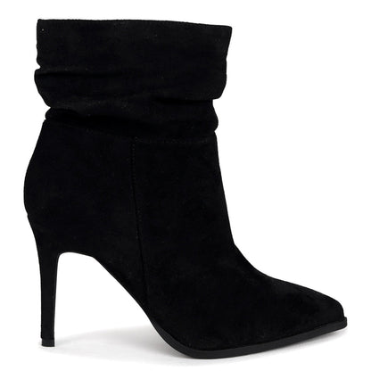 Black Suede Ruched Pointed Stiletto Boot Heel