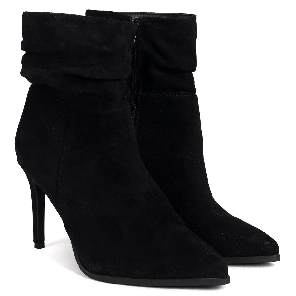 Black Suede Ruched Pointed Stiletto Boot Heel