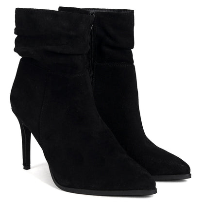 Black Suede Ruched Pointed Stiletto Boot Heel