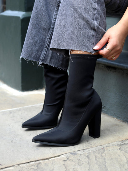 Black Lycra Pointed Toe Sock Boot With Block Heel