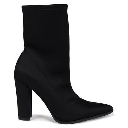 Black Lycra Pointed Toe Sock Boot With Block Heel