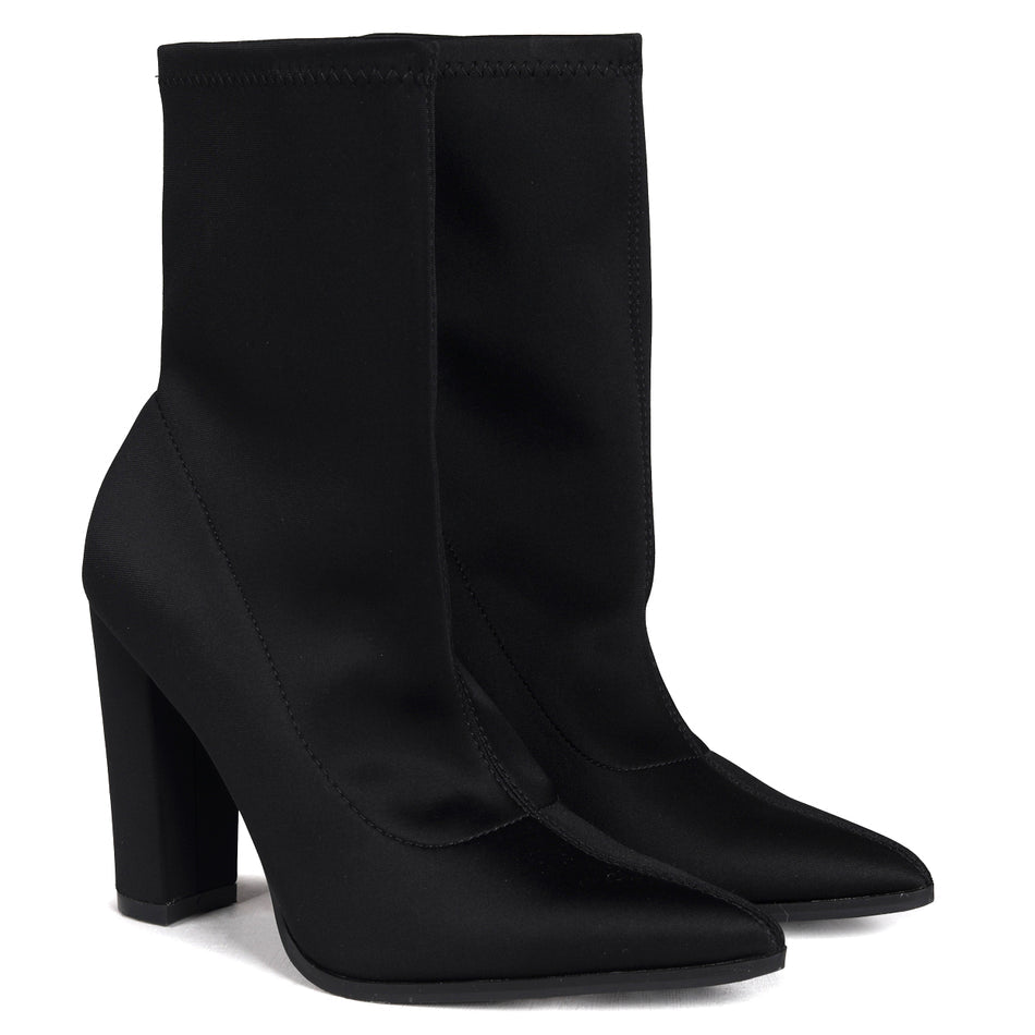 Black Lycra Pointed Toe Sock Boot With Block Heel
