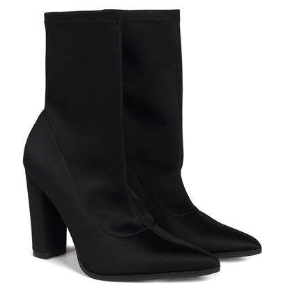 Black Lycra Pointed Toe Sock Boot With Block Heel