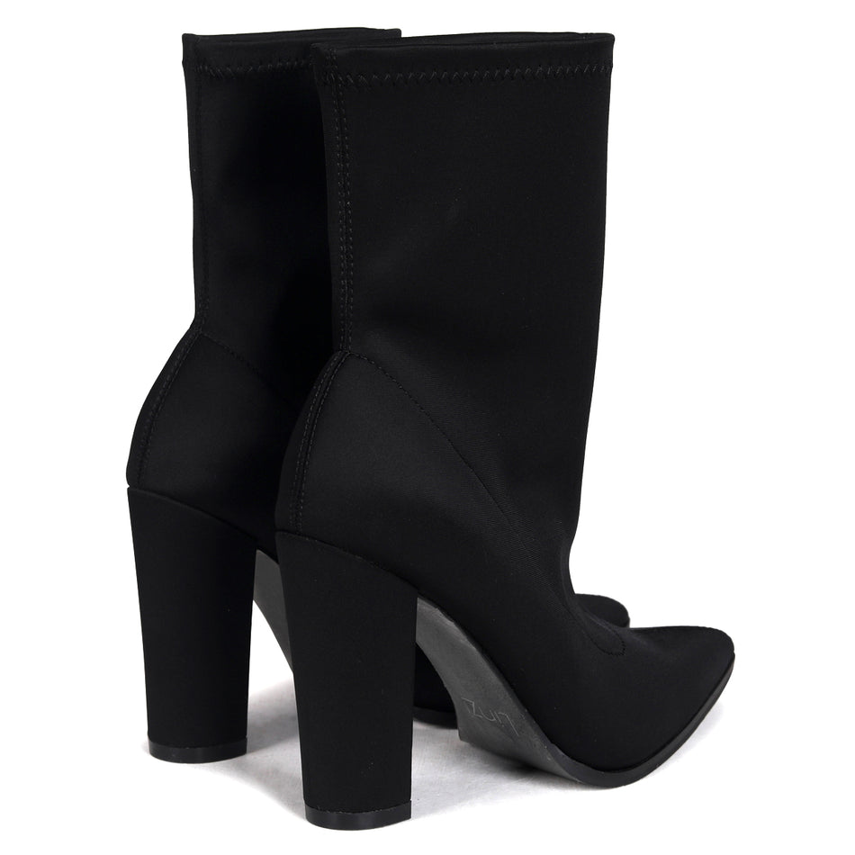 Black Lycra Pointed Toe Sock Boot With Block Heel