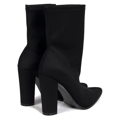 Black Lycra Pointed Toe Sock Boot With Block Heel