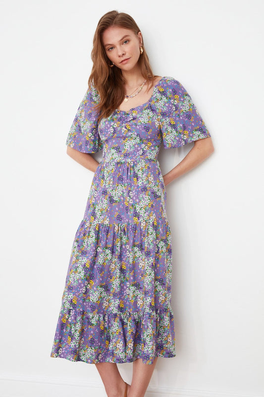 Purple Floral Woven Midi Dress