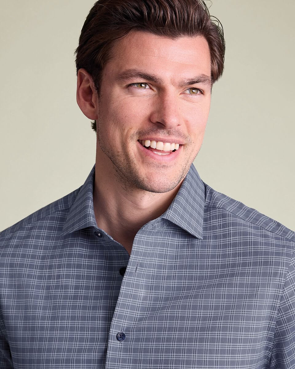 Semi-Cutaway Brushed Cotton Twill Check Slim Fit Shirt - Mid Blue