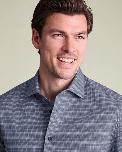 Semi-Cutaway Brushed Cotton Twill Check Slim Fit Shirt - Mid Blue