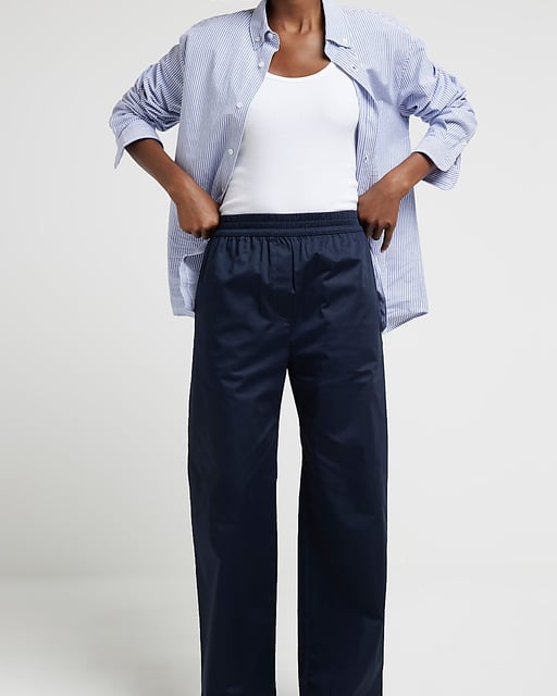 Womens Wide Leg Trousers Navy Pull On