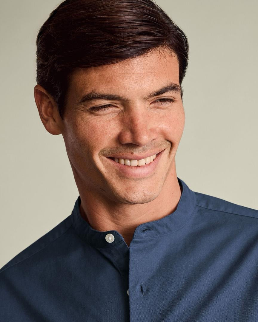 Collarless Stretch Washed Oxford Slim Fit Shirt - Airforce Blue