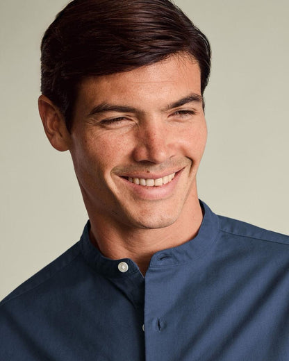 Collarless Stretch Washed Oxford Slim Fit Shirt - Airforce Blue