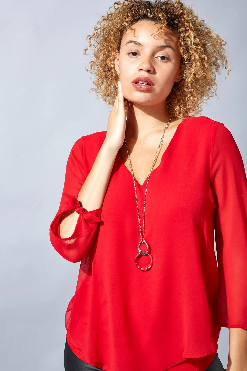 Red Jersey 3/4 Sleeve Chiffon Top