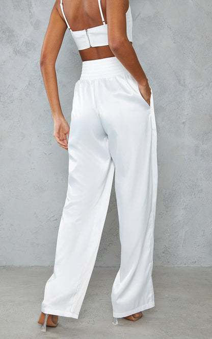 White Satin Extreme High Waist Wide Leg Trousers