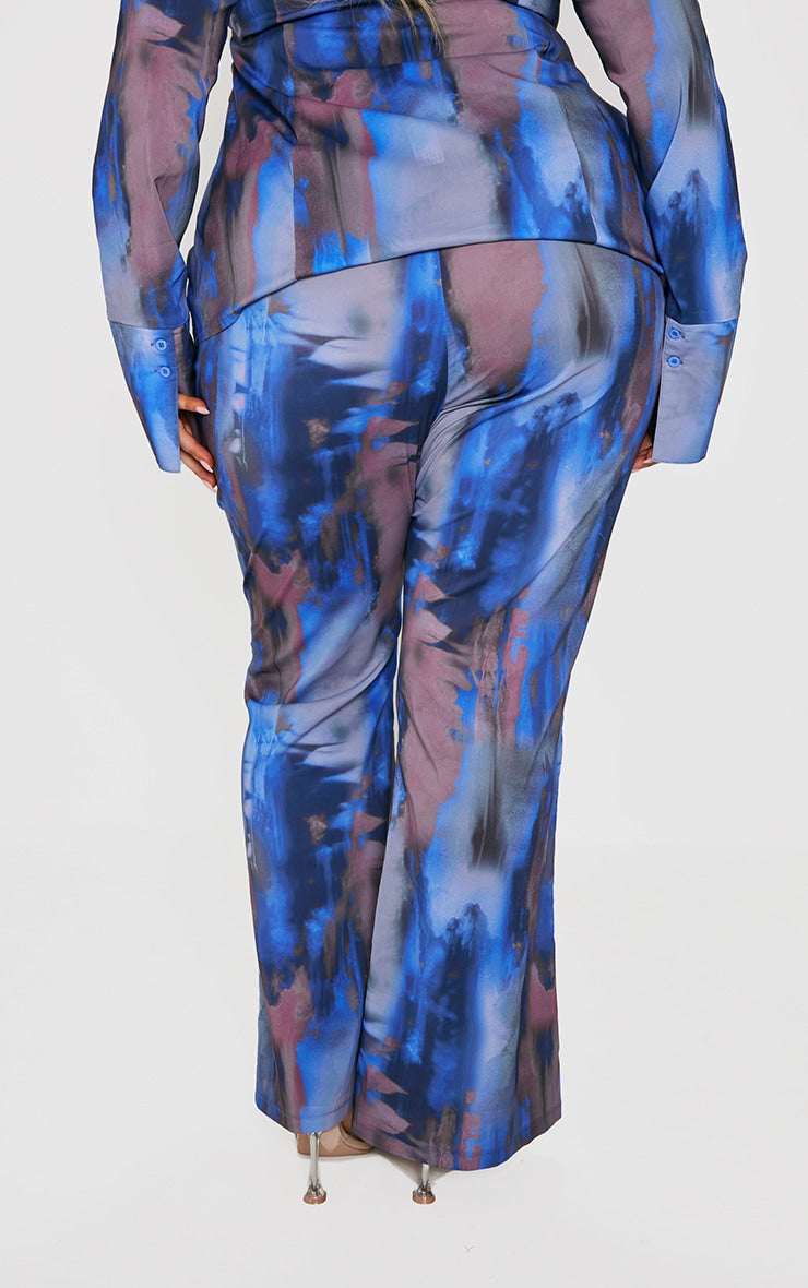 Plus Blue Abstract Print Chiffon Ruched Fitted Shirt and Trouser Set