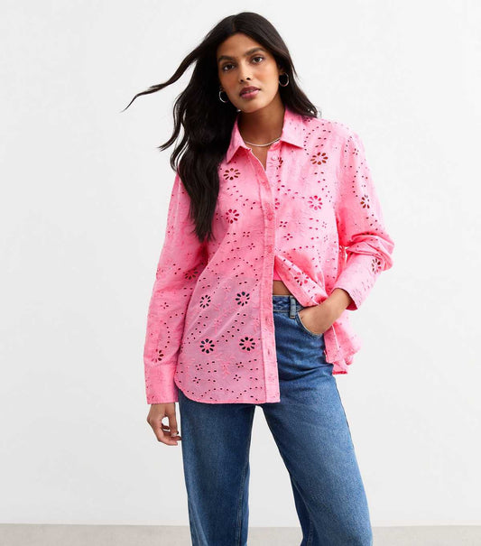 Pink Broderie Anglaise Long Sleeve Shirt