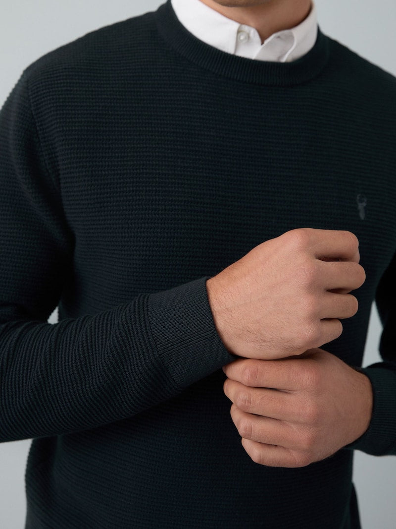 Navy Blue Regular Fit Textured Oxford Mock Shirt Jumper