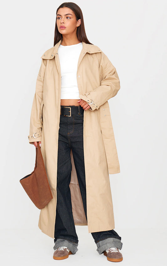 Stone Belted Cuff Detail Trench Coat