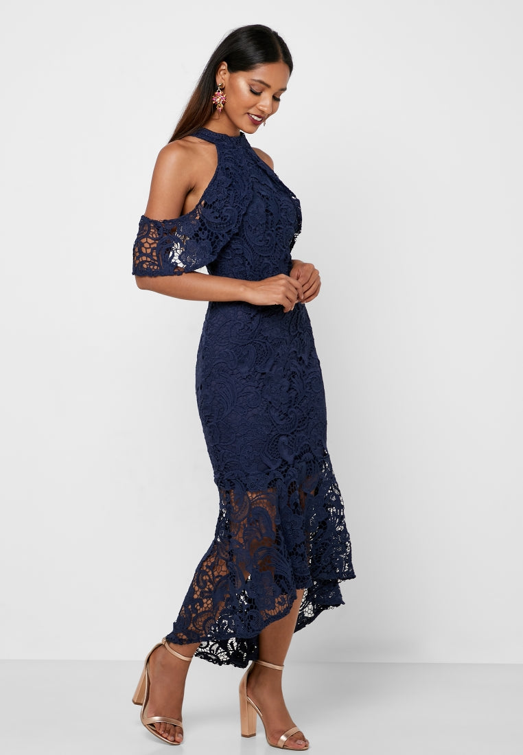 Navy Guipure Neck Low High Dress